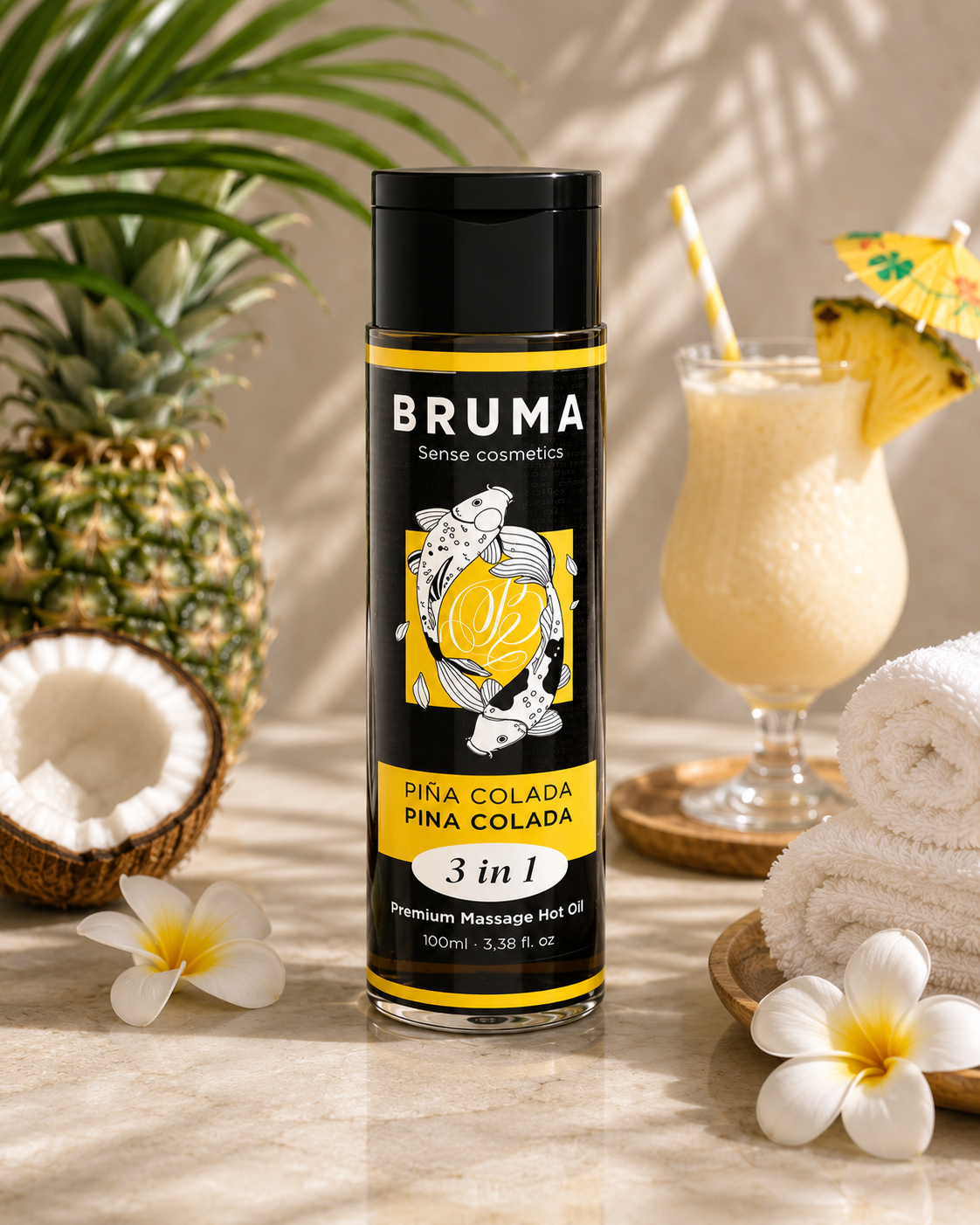BRUMA - HUILE DE MASSAGE PREMIUM EFFET CHALEUR SAVEUR PINA COLADA 3 EN 1 - 100 ML